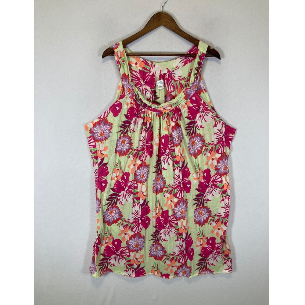 Tropical Floral Jaclyn Smith Woman 3X Green Pink Sleeveless Gathered Tank Top